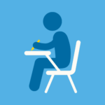 Graphic of a student sitting at a desk and taking a test